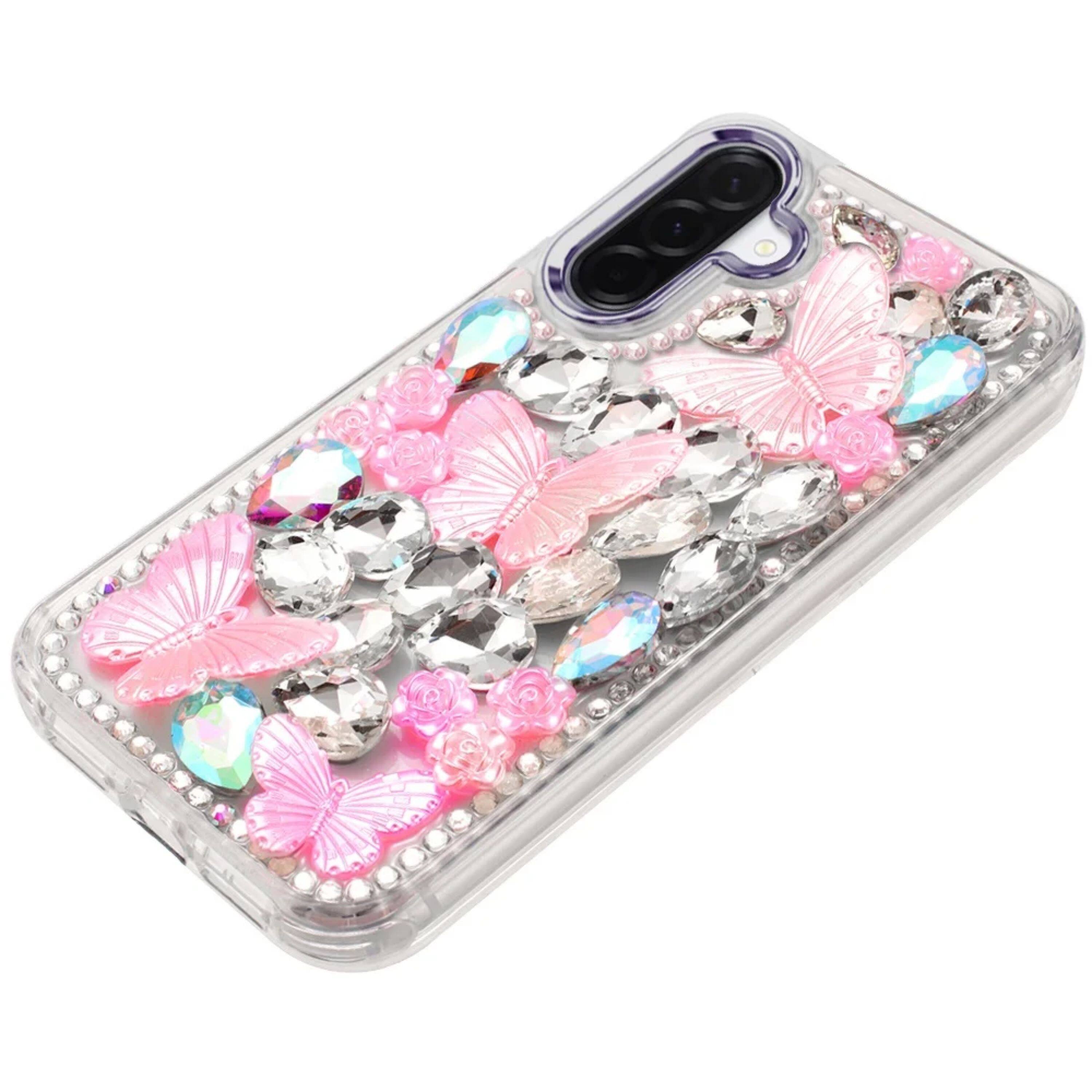 Back. Kitcheniva - Diamond Butterflies Bling Phone Case With Tempered Glass For Samsung Galaxy A57 5G Purple - Purple.