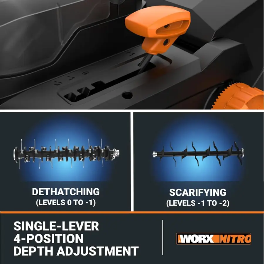 Dethatching (Levels 0 - 1) Scarifying (Levels -1 to -2) Single-lever 4-position Depth Adjustment