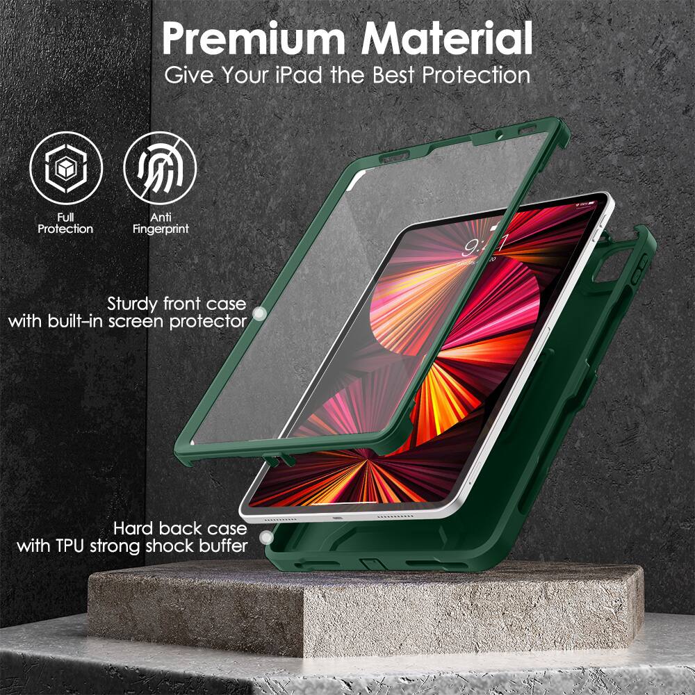 Premium Material  
Give Your iPad the Best Protection  

- Full Protection  
- Anti Fingerprint  

Sturdy front case with built-in screen protector  

Hard back case with TPU strong shock buffer