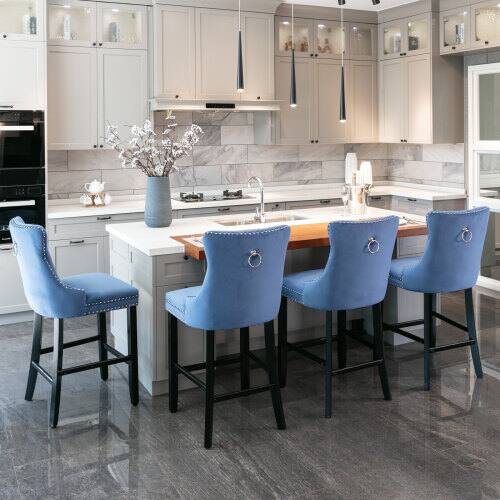 Alt View 6. LUCKY ONE - Assembled Velvet Bar Stool Set of 2 with Button Tufted Wood Legs Chrome Nailhead Trim - Blue.