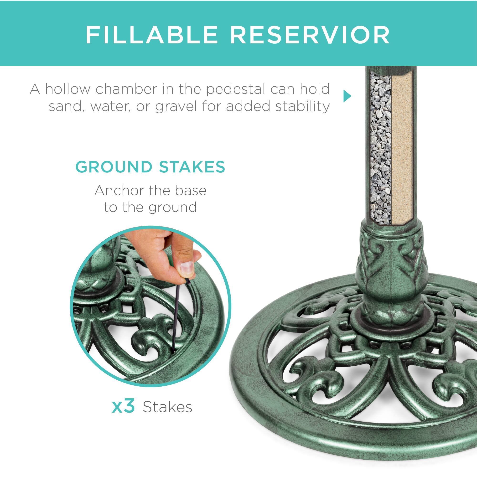 FILLABLE RESERVIOR

A hollow chamber in the pedestal can hold sand, water, or gravel for added stability

GROUND STAKES

Anchor the base to the ground

x3 Stakes