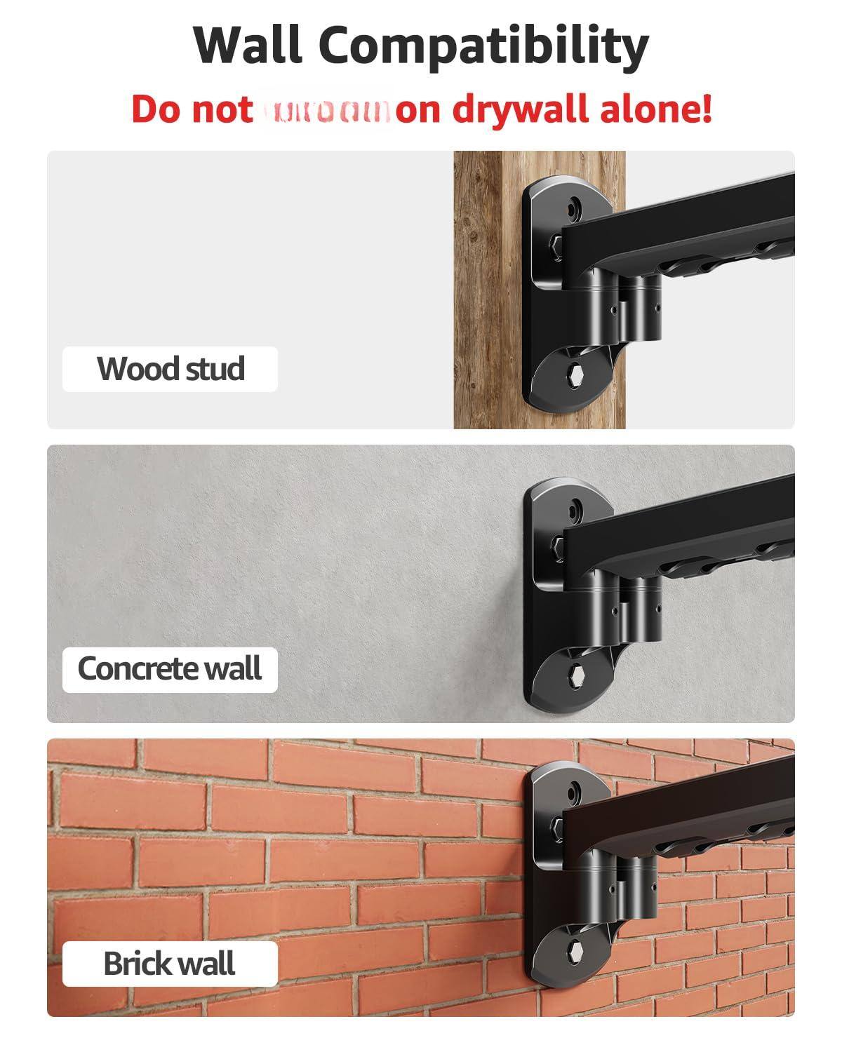 Wall Compatibility  
Do not mount on drywall alone!  

Wood stud  
Concrete wall  
Brick wall