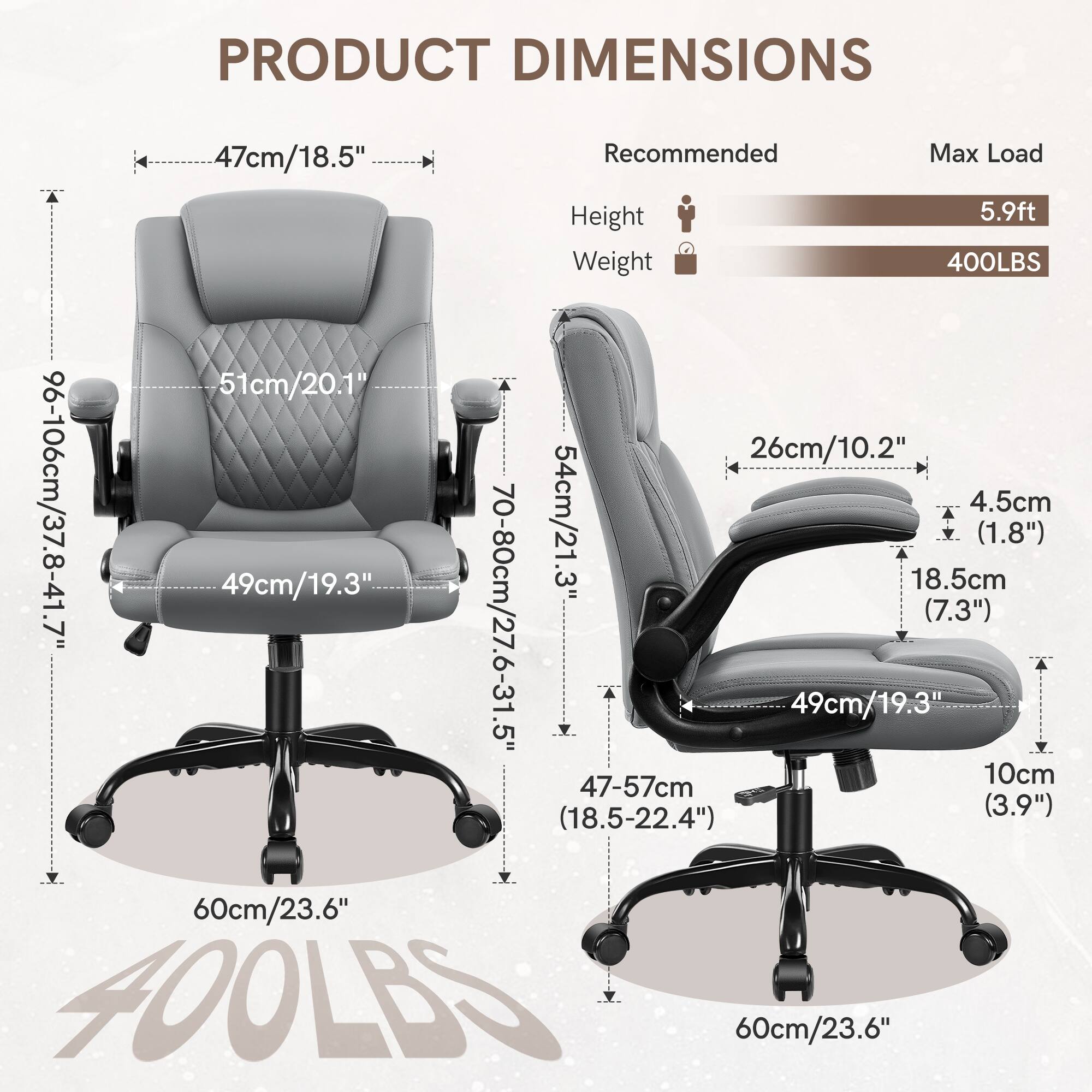 PRODUCT DIMENSIONS:

* 47cm/18.5" Recommended Max Load Height: 5.9ft
* Weight: 400LBS
* 51cm/20.1" 26cm/10.2" 96-106cm/37.8-41.7" 4.5cm
* 49cm/19.3" 54cm/21.3" 3" 18.5cm (1.8") 70-80cm/27.6-31.5" (7.3") 49cm/19.3" 10cm
* 47-57cm (18.5-22.4") (3.9") 60cm/23.6" 4OOLBS 60cm/23.6"