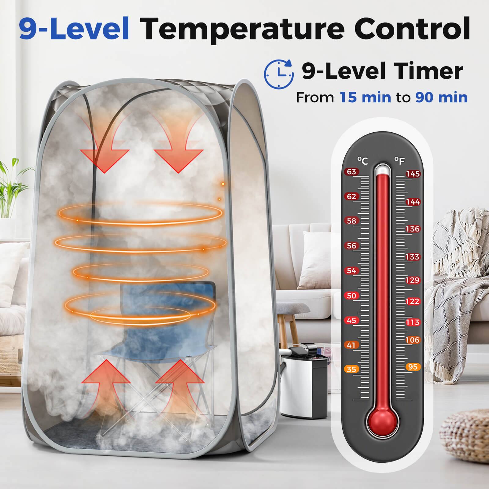 The image features a 9-level temperature control device with a 9-level timer. The temperature range is from 15 minutes to 90 minutes, with the temperature displayed in Celsius. The device has a red and black color scheme, and the temperature is shown in increments of 1 degree Celsius. The image also shows a couch and a potted plant in the background, suggesting that the device is being used in a living space.