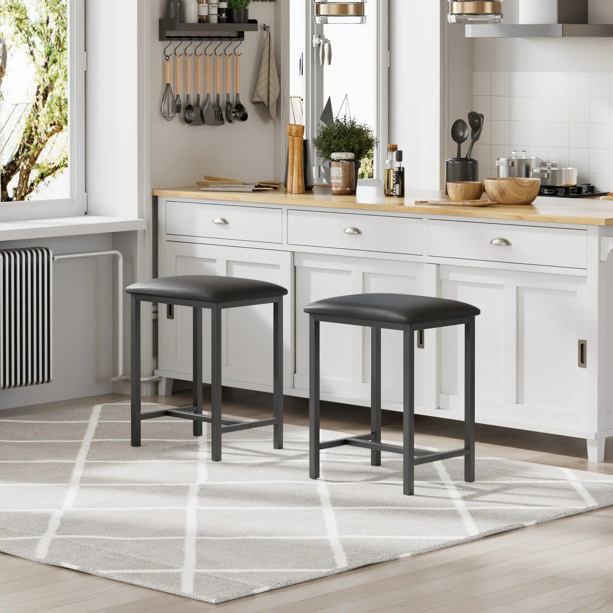 Alt View 3. Vecelo - Expandable Black Wood Dining Table Set with USB Ports, Space-Saving Kitchen Table for 4-6 People - Black Stool*6.