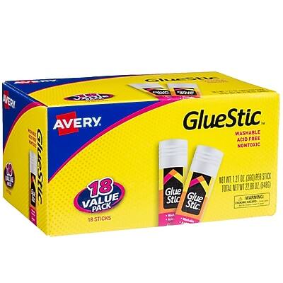 AVERY  
GlueStic  
WASHABLE  
ACID FREE  
NONTOXIC  

18 VALUE PACK  
18 STICKS  

NET WT 127 G (4.5 OZ)  
TOTAL NET WT 22.85 OZ (646 G)  

WARNING