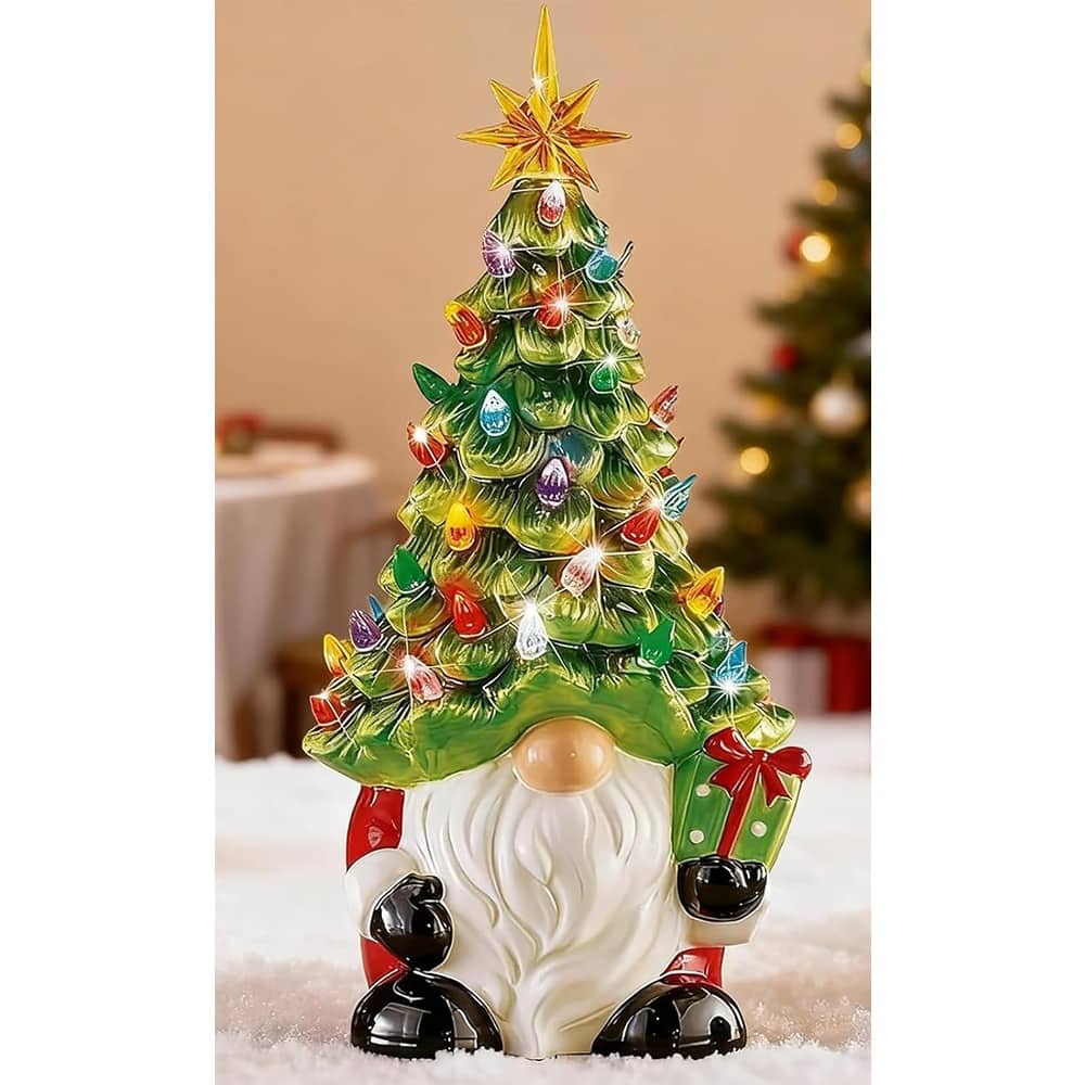 Schertz - Lighted Ceramic Gnome Tree, DIY Xmas Holiday Decor with Multicolored Lights - Green