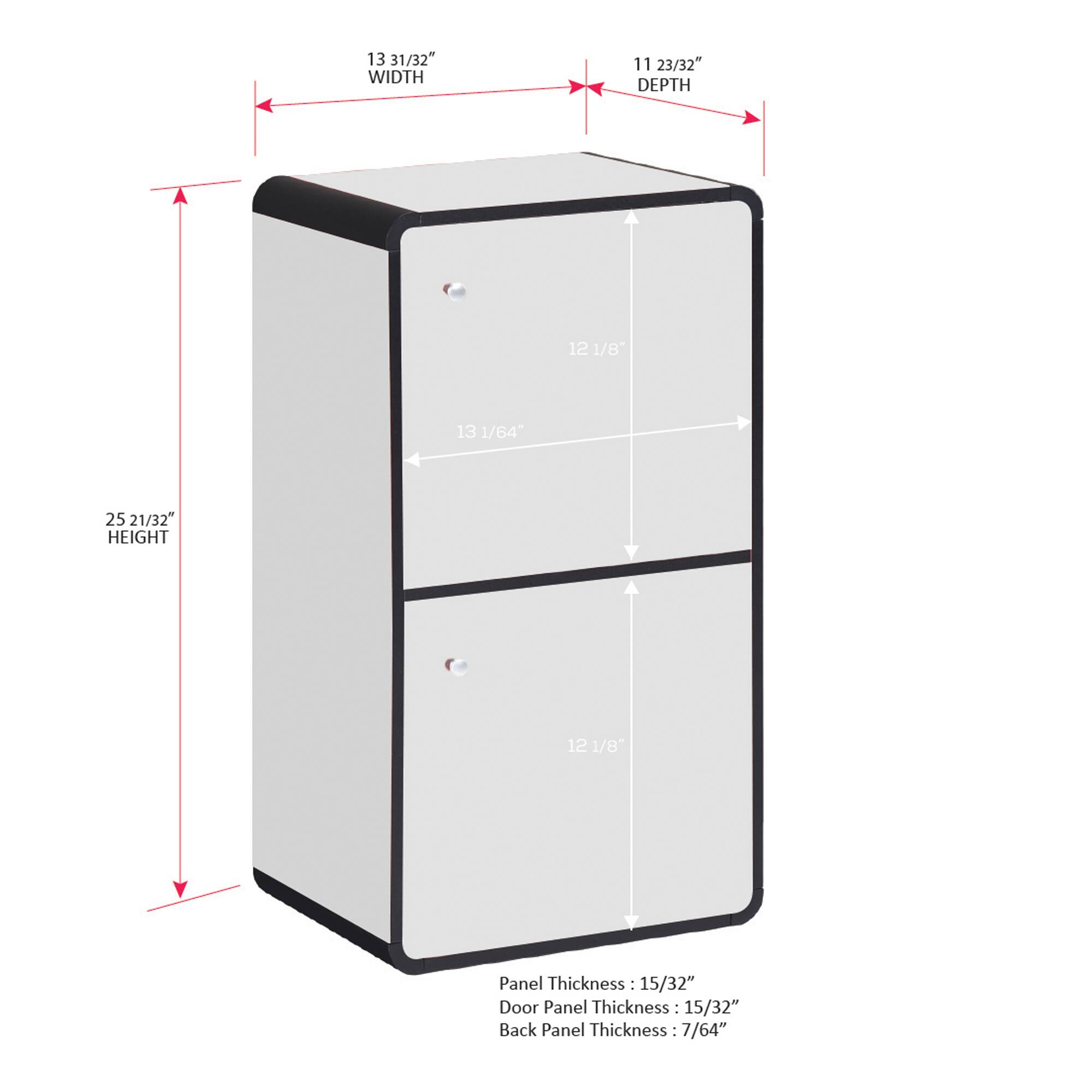 13 31/32" WIDTH  
11 23/32" DEPTH  
12 1/8"  
13 1/64"  
25 21/32" HEIGHT  

Panel Thickness: 15/32"  
Door Panel Thickness: 15/32"  
Back Panel Thickness: 7/64"