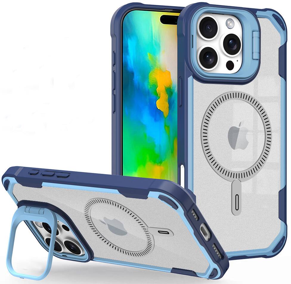Alt View 2. Nakedcellphone - Clear Cam-Stand Case for iPhone 16 Pro Phone - Compatible with MagSafe - Blue.