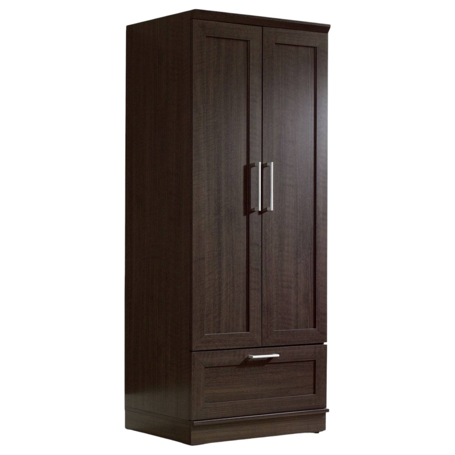 Front. SlickBlue - Wood Finish Bedroom Wardrobe – Armoire Cabinet for Organized Storage - Dark Brown, Oak.