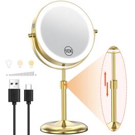 Empire DigiLabs - Lighted Makeup Mirror With 10x Magnification 3 Color Lights Adjustable Brightness Height 360 Swivel Recharg - Gold