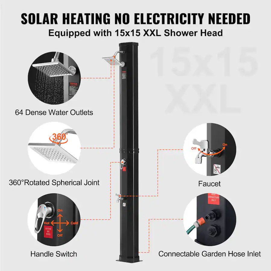 Solar Shower Unit VEVOR Outdoor Solar Heated Shower, 9.25 Gallon Poolside Shower Kit with ...