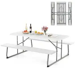 Gymax - Folding Picnic Table w/ 2 Benches 6 FT Camping Table Set w/ All-Weather HDPE Tabletop - White