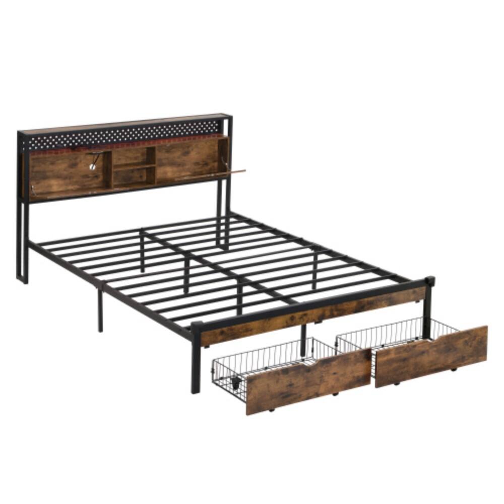 Alt View 1. LUCKY ONE - King Size Metal Platform Bed Frame with Wooden Headboard and Footboard, USB Charging, LED Lights, 2 Drawers - Black Brown.