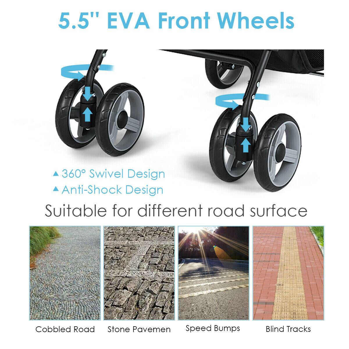 5.5" EVA Front Wheels, 360° Swivel Design, Anti-Shock Design, Suitable for different road surface, Cobbled Road, Stone Pavement, Speed Bumps, Blind Tracks