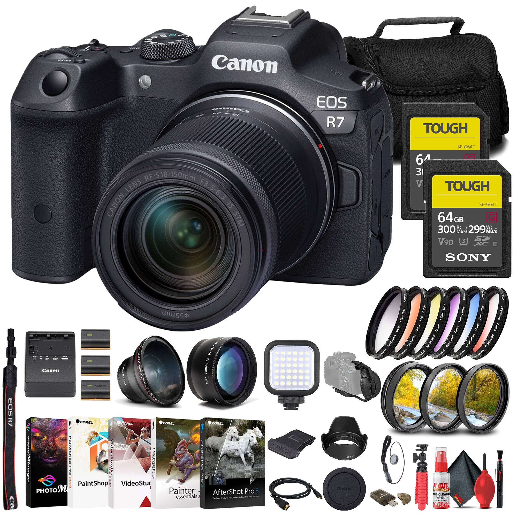 Canon EOS R7 with RF-S 18-150mm f/3.5-6.3 IS STM Lens  
Canon STM S-GMET 6  
31 V TOUGH SF-GIAT 64GB  
300 MB/s 299 MB/s V90  
Canon EOS R7  
55mm CRen RWIH  
PaintShop VideoStu  
Painter AfterShot Pro essentials  
Corel  
C.ND  
Tradu