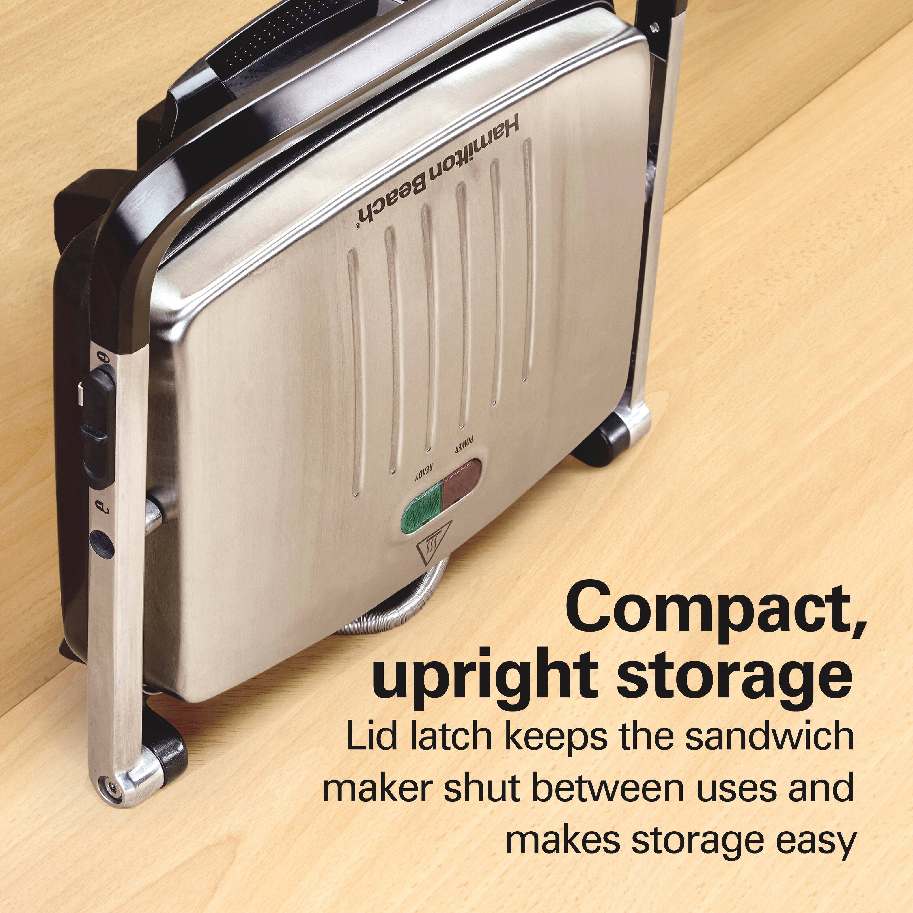 Hamilton Beach MR ADiS Compact, upright storage  
Lid latch keeps the sandwich maker shut between uses and makes storage easy