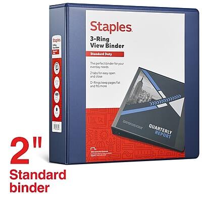 Staples  
3-Ring View Binder  
Standard Duty  

The perfect binder for your everyday needs  
2 tabs for easy open and close  
D Rings keep pages flat and fits more pages  

2" Standard binder  

QUARTERLY REPORT