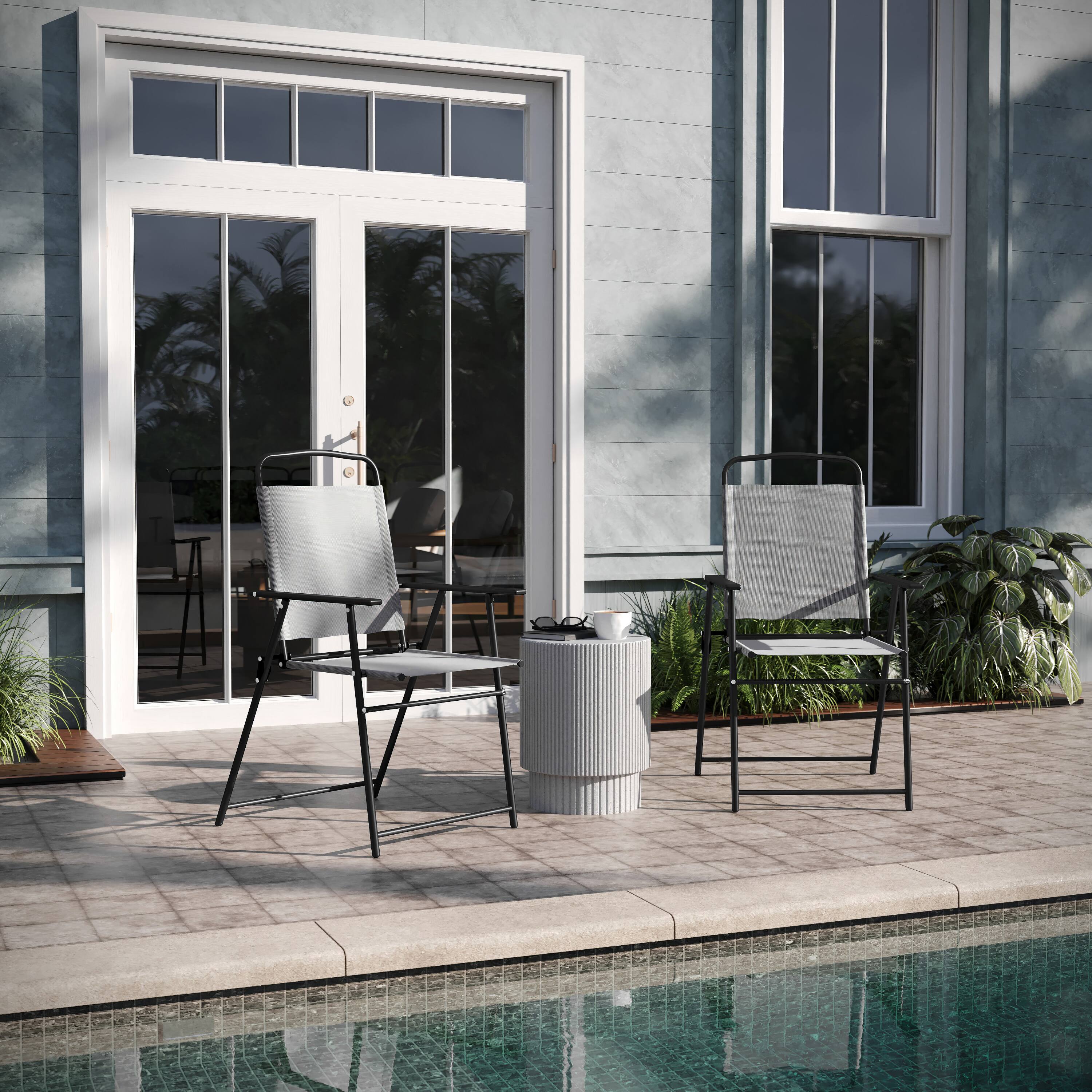 Alt View 2. Emma + Oliver - Munroe Set of 2 Textilene Folding Sling Style Patio Chairs with Armrests - Gray.