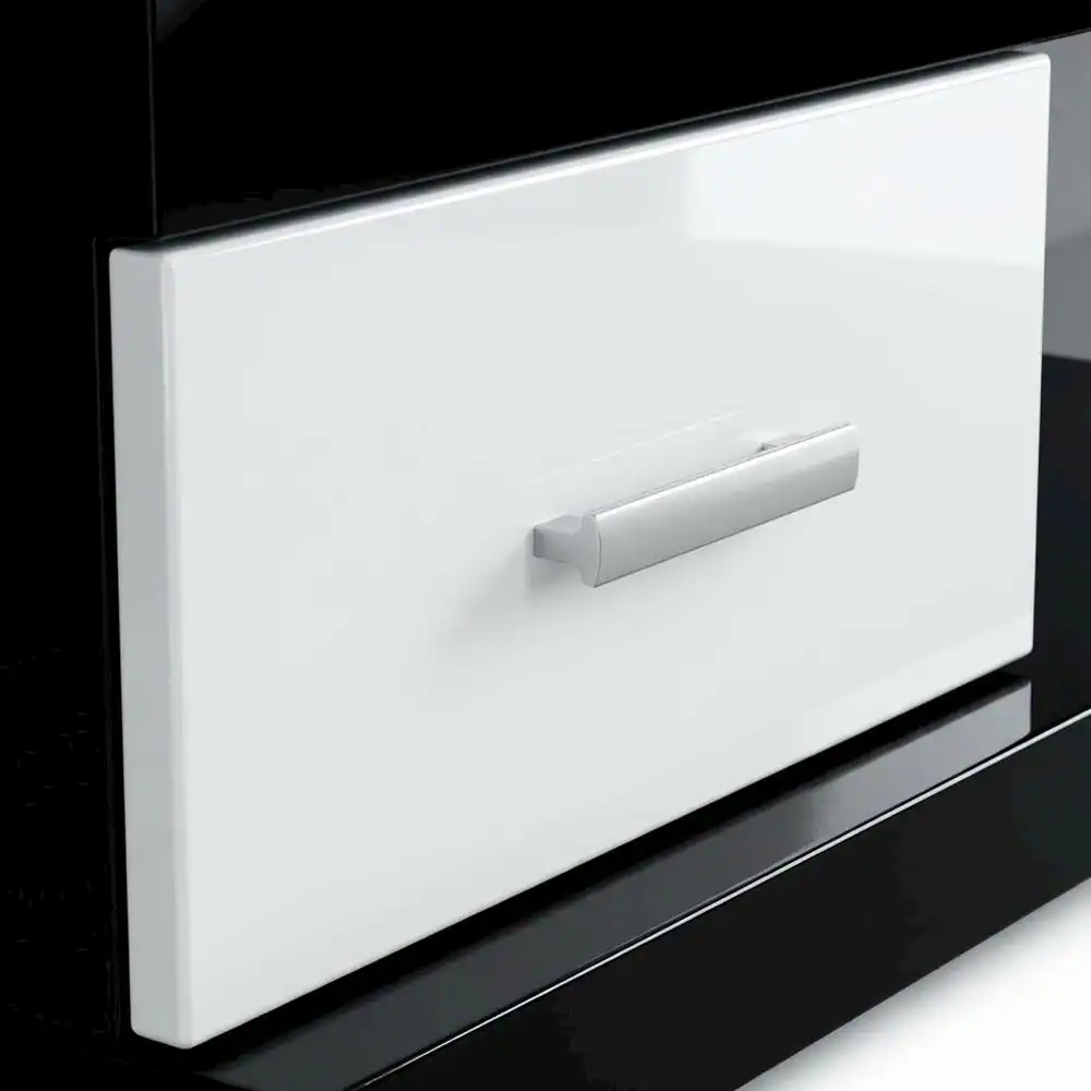 Alt View 4. FurniFact - Modern White and Black TV Stand with Glass Shelves and Chrome Frame - Brown.