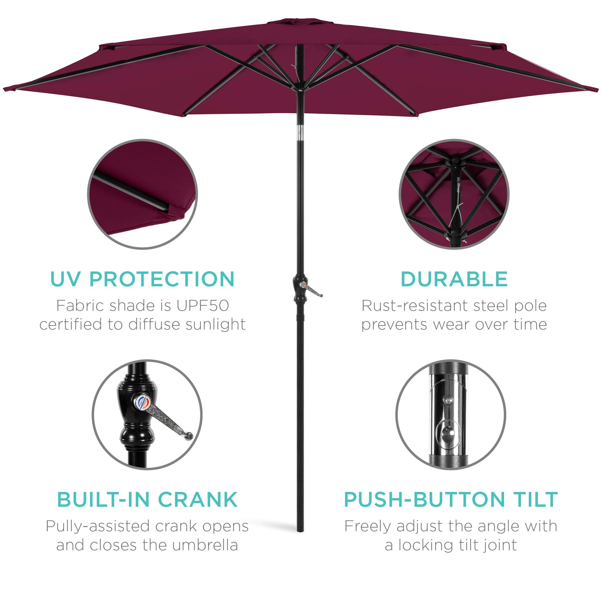 - **UV PROTECTION**  
  Fabric shade is UPF50 certified to diffuse sunlight

- **DURABLE**  
  Rust-resistant steel pole prevents wear over time

- **BUILT-IN CRANK**  
  Pulley-assisted crank opens and closes the umbrella

- **PUSH-BUTTON TILT**  
  Freely adjust the angle with a locking tilt joint