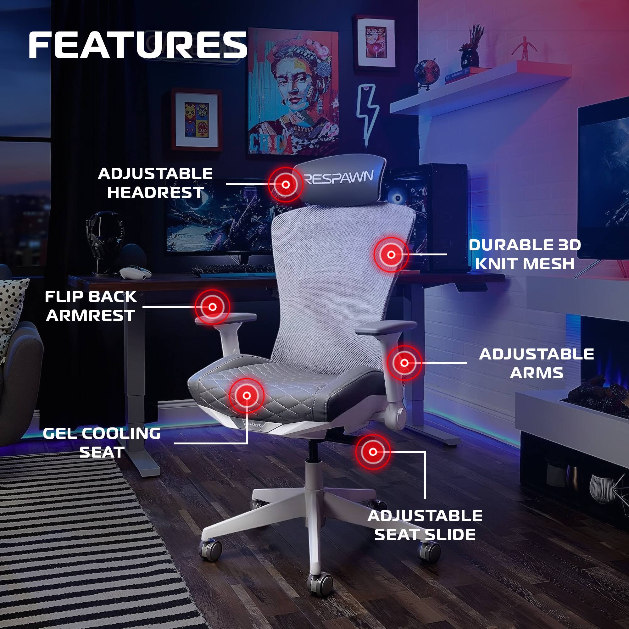 Respawn Products - RESPAWN SPIRE - Ergonomic Office Chair w/ Cooling Gel Seat Cushion, Comfy Breathable Mesh Reclining Gaming Chair - Ghost White - Thumbnail 3
