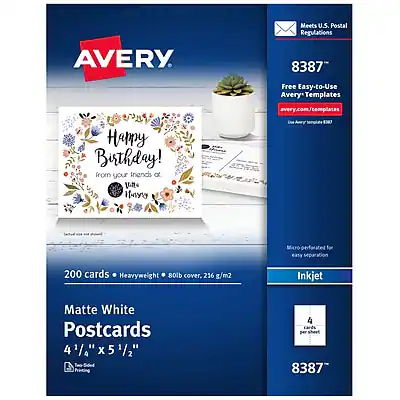 Meets U.S. Postal Regulations
AVERY 8387
Free Easy-to-Use Avery Templates
avery.com/templates
Happy Birthday!
from your friends at Vlle iory
Micro perforated for easy separation
200 cards
Heavyweight 80lb cover, 216 g/m²
Matte White Postcards
4 1/4" x 5 1/2"
Inkjet
8387