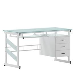 Emma + Oliver - White Computer Desk with Frosted Glass Top and Three Drawer Pedestal - Frosted Top/White Frame