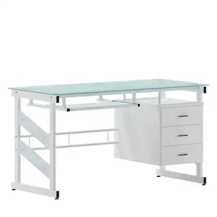 Front. Emma + Oliver - White Computer Desk with Frosted Glass Top and Three Drawer Pedestal - Frosted Top/White Frame.
