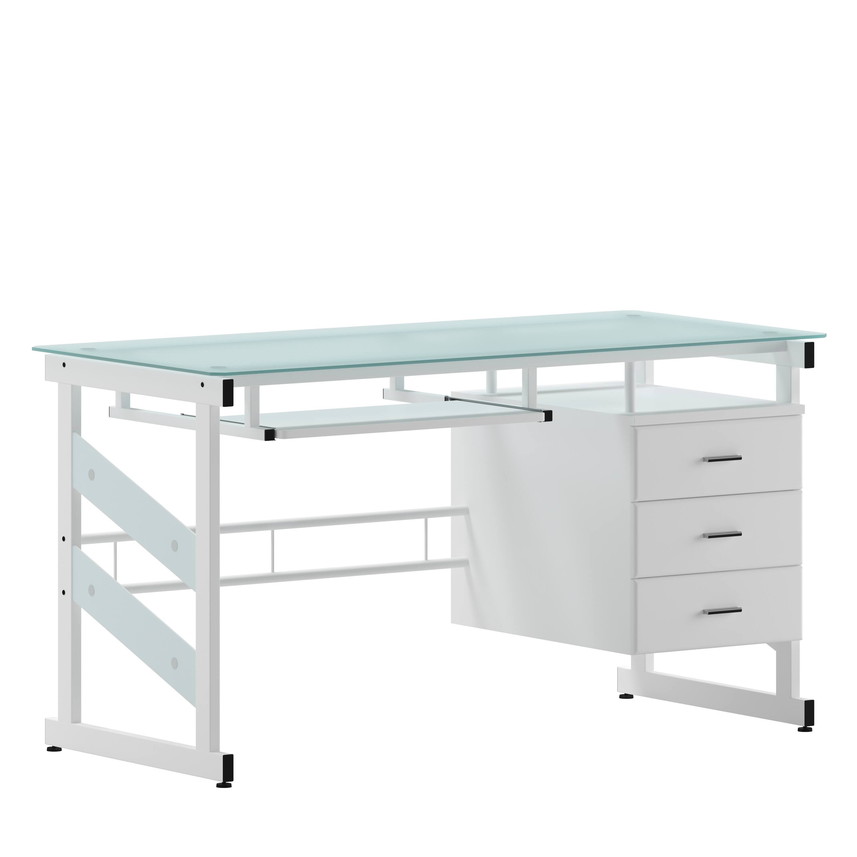Front. Emma + Oliver - White Computer Desk with Frosted Glass Top and Three Drawer Pedestal - Frosted Top/White Frame.