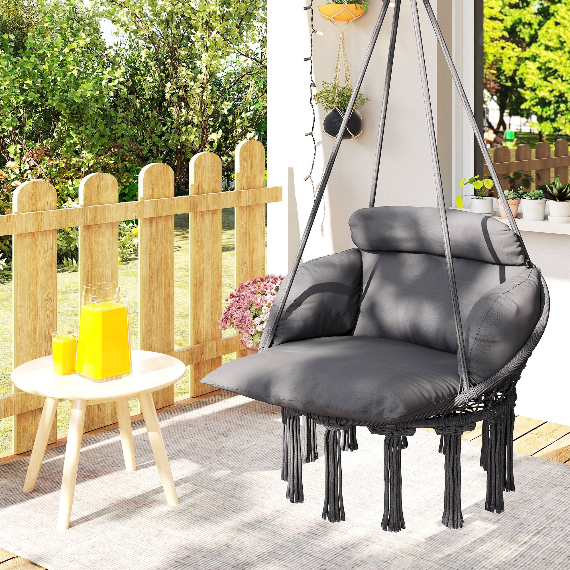 Alt View 8. Outsunny - Swing Chair, Macrame Hanging Chair with Large Cushion, Chain, Steel Frame for Indoor Outdoor Use - Dark Gray.