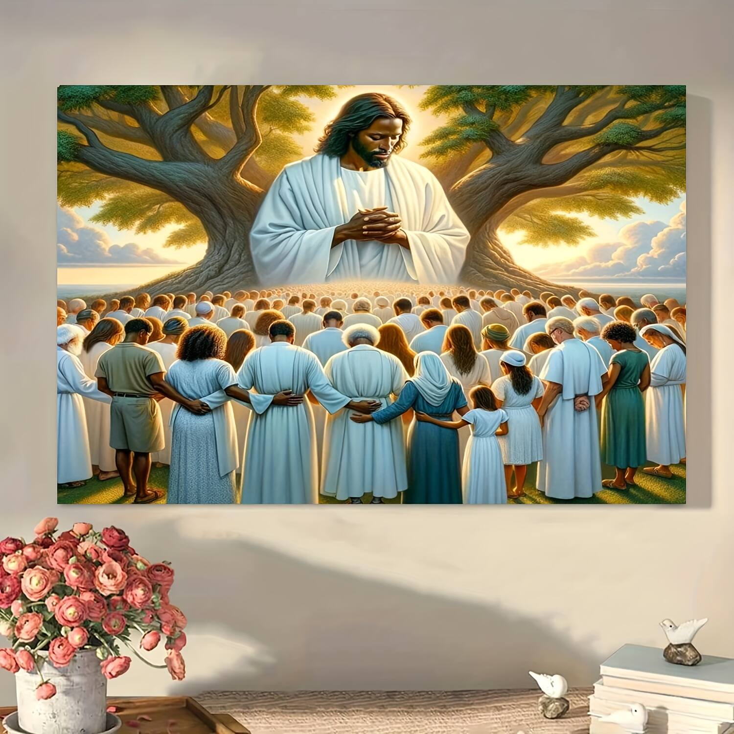 Alt View 1. blue - 1 Piece Wood Frame Canvas Painting, Black Jesus, African American Christian Jesus Bless Us, Framed Wall Art Print, Suit - Color:24*16inch.