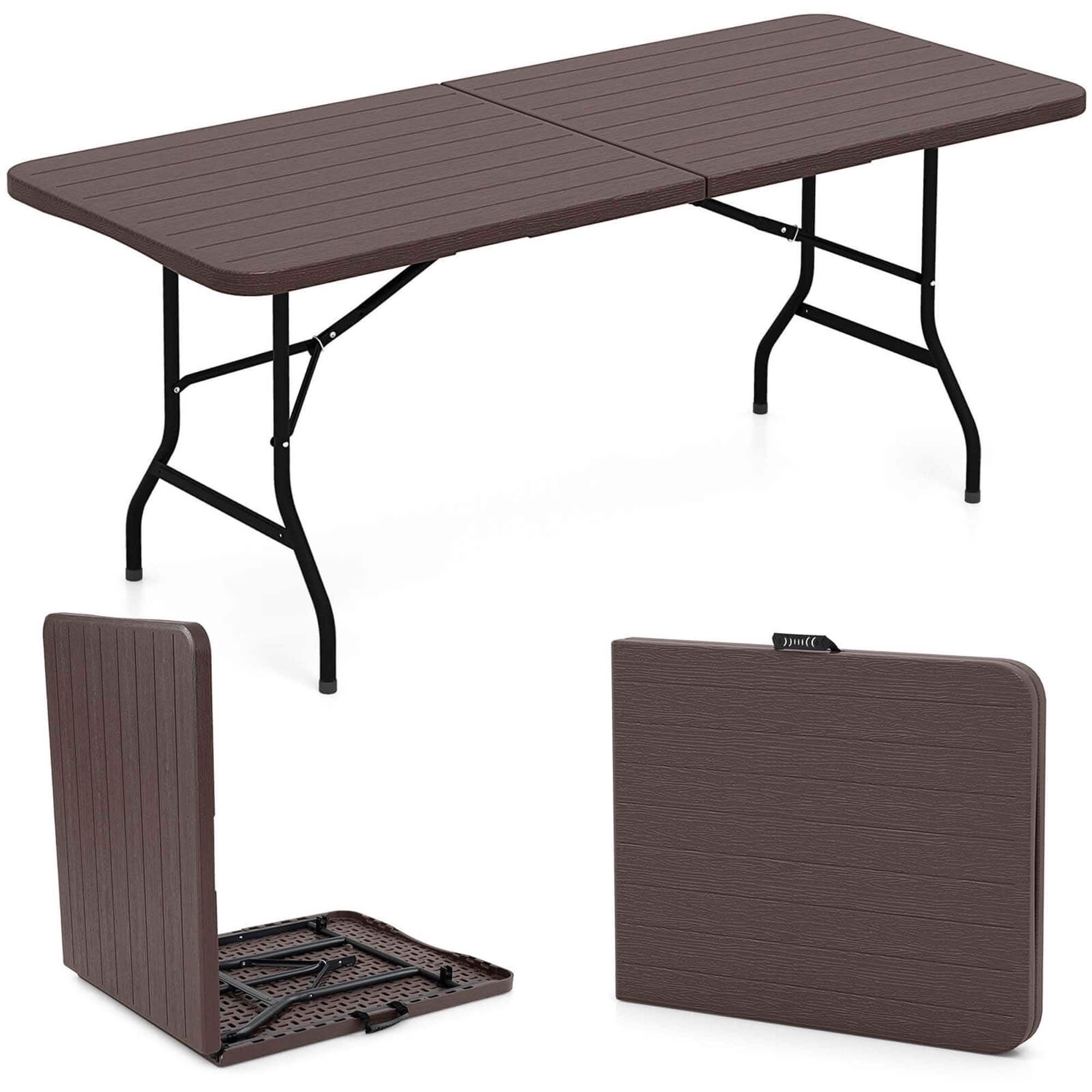 Front. Costway - Costway 6 ft Portable Folding Table with Wood Grain HDPE Tabletop Safe Lock Mechanism - Brown.