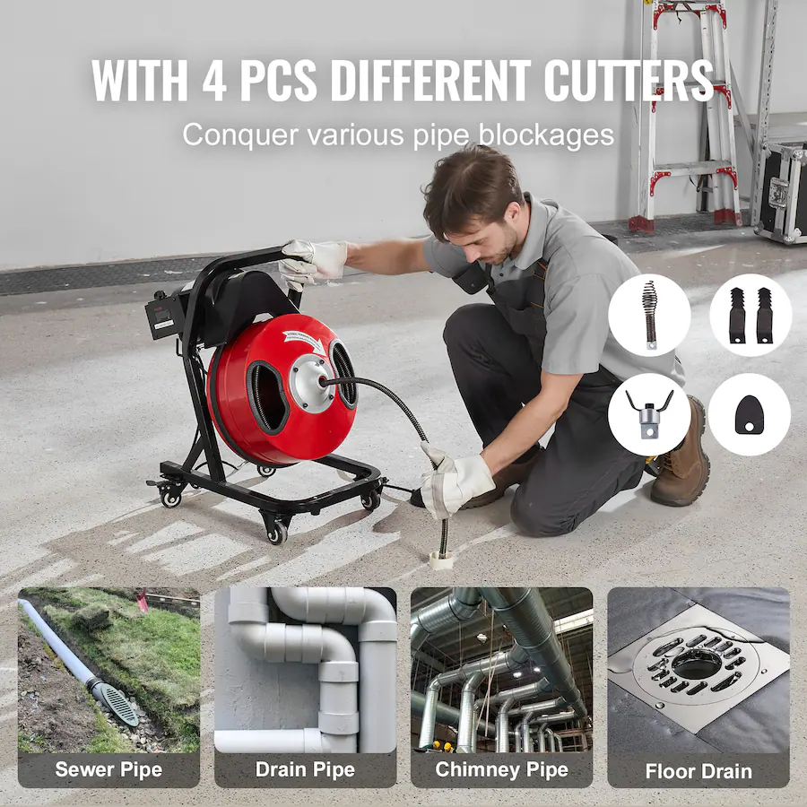 VEVOR Drain Cleaner Machine 50FTx1/2in,Manual Feed Sewer Snake Auger ...