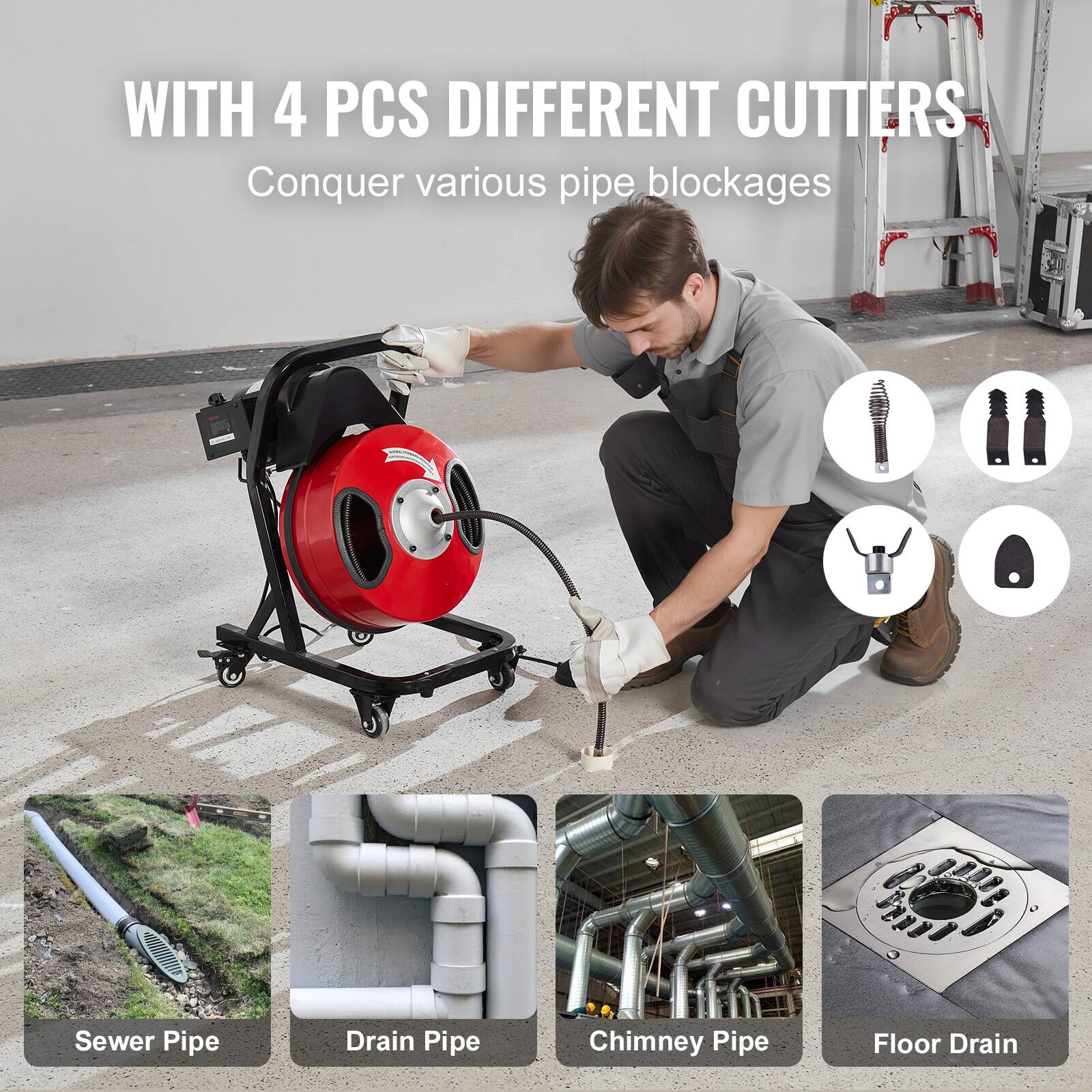 WITH 4 PCS DIFFERENT CUTTERS
Conquer various pipe blockages
Sewer Pipe
Drain Pipe
Chimney Pipe
Floor Drain