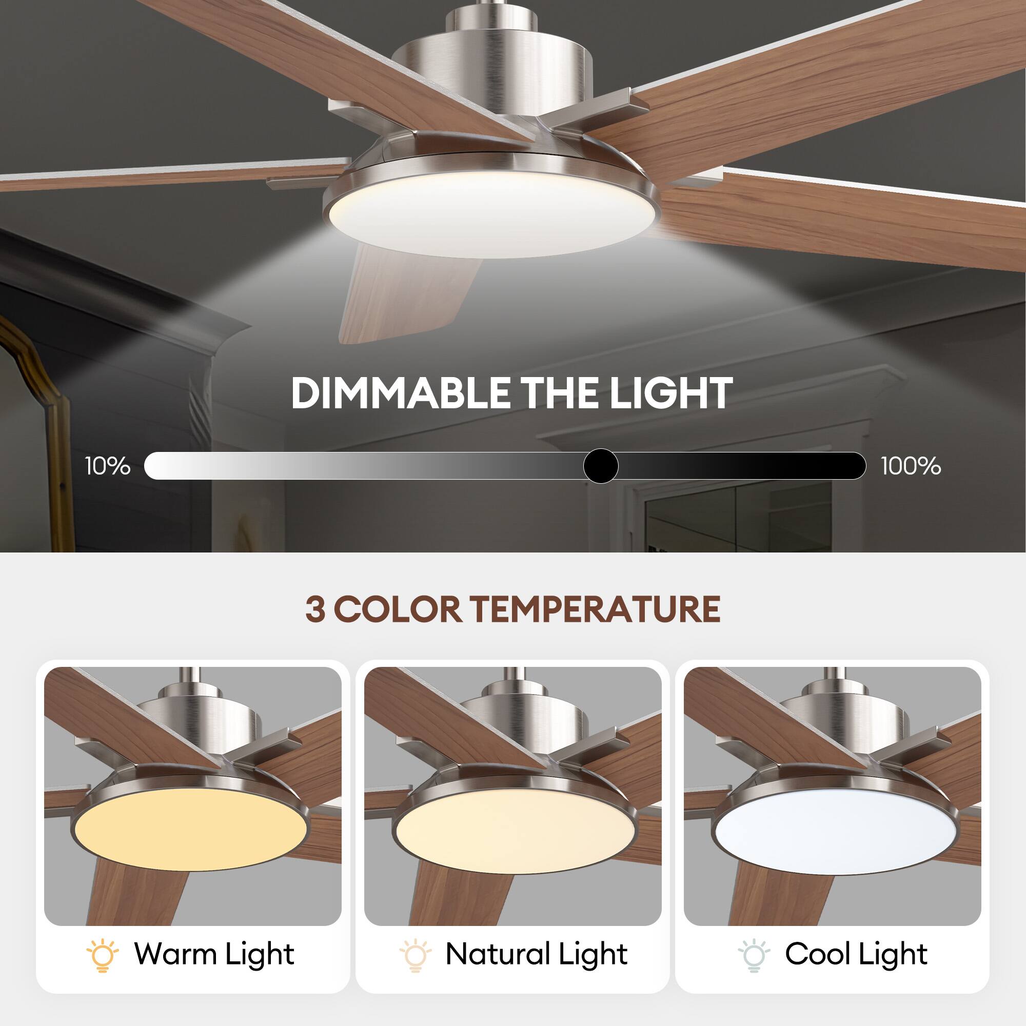 DIMMABLE THE LIGHT  
10% 100%  

3 COLOR TEMPERATURE  
Warm Light  
Natural Light  
Cool Light