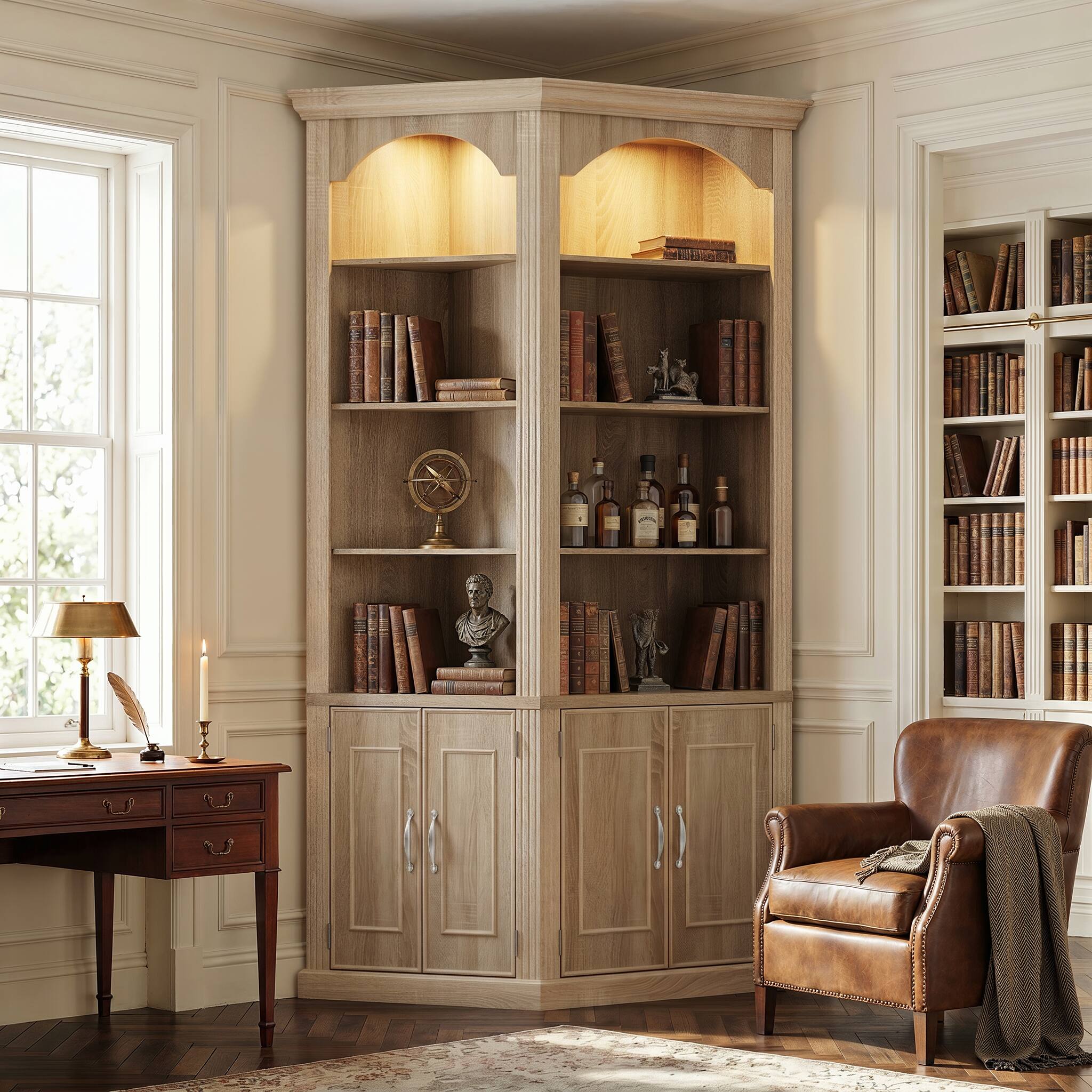 Back. FUFU & GAGA - Arched Display Cabinet with LED Lights, Illuminated Tall Bookcase for Living Room, Storage Cabinet with Doors & Shelves - Light Oak.