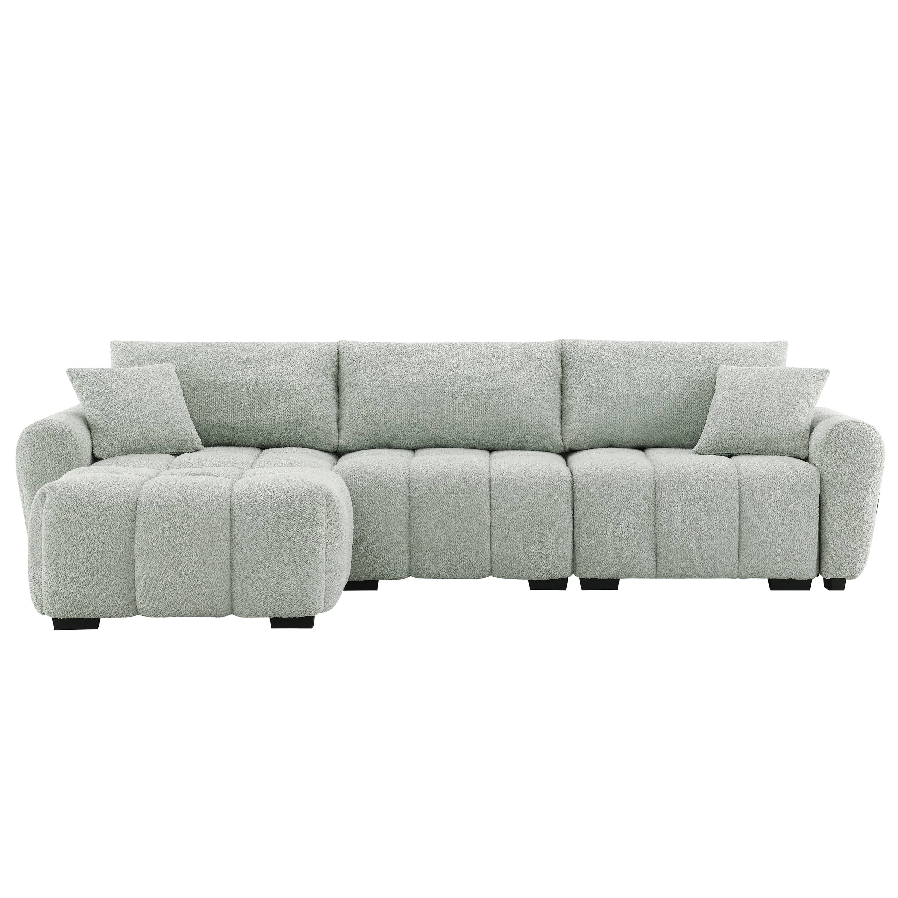 Back. Whisen - 110" Modular Sectional Sofa, L Shape Boucle Couch with Movable Ottoman for Living Room - Light Green.