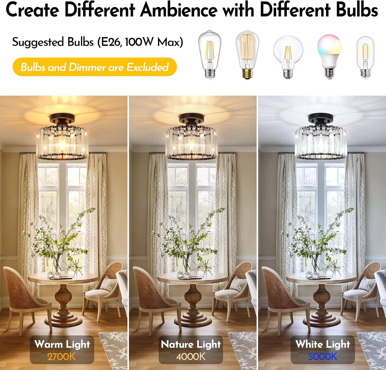 Create Different Ambience with Different Bulbs

Suggested Bulbs (E26, 100W Max)

Bulbs and Dimmer are Excluded

Warm Light 2700K

Nature Light 4000K

White Light 5000K
