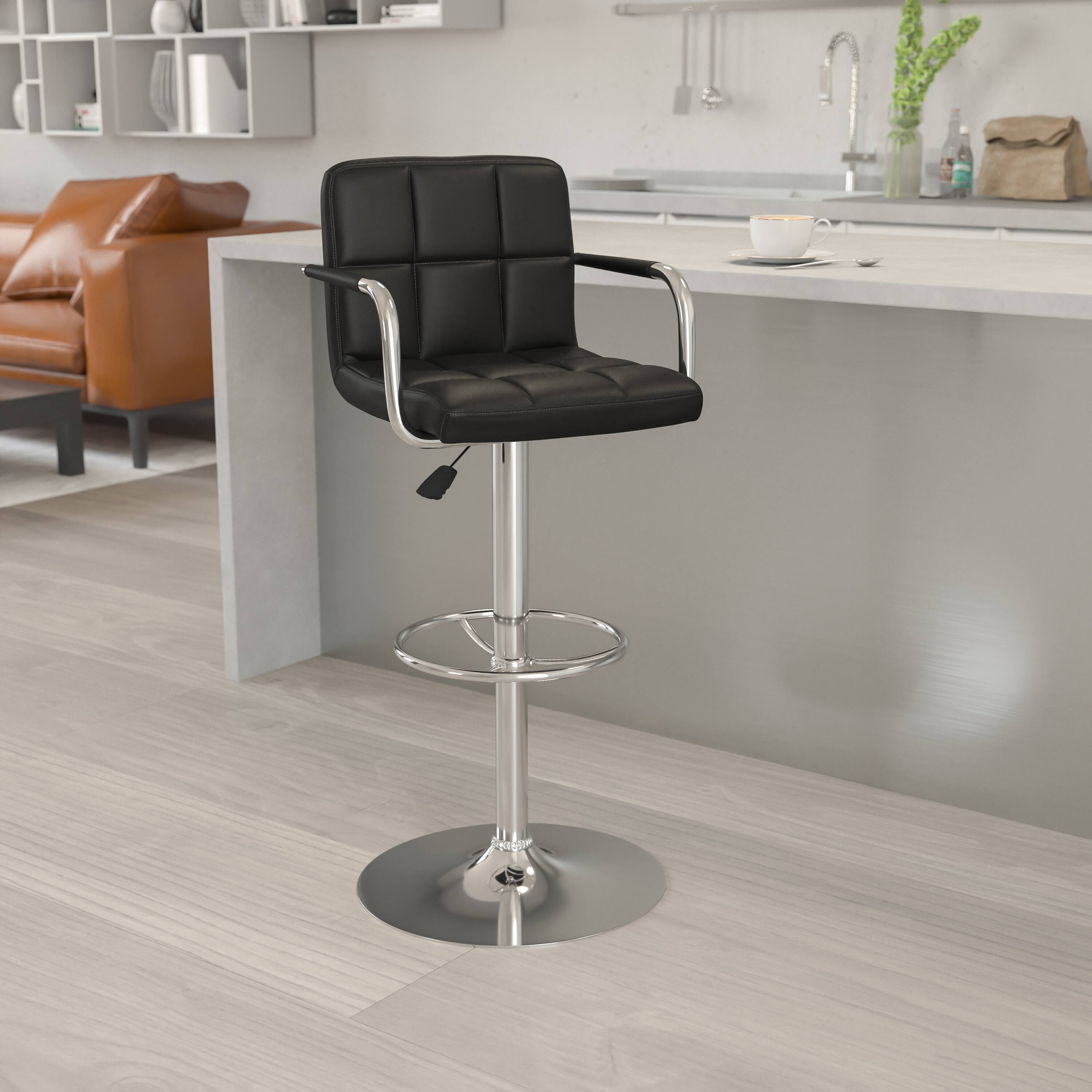 Emma + Oliver - Contemporary Quilted Vinyl Adjustable Height Barstool with Arms - Black