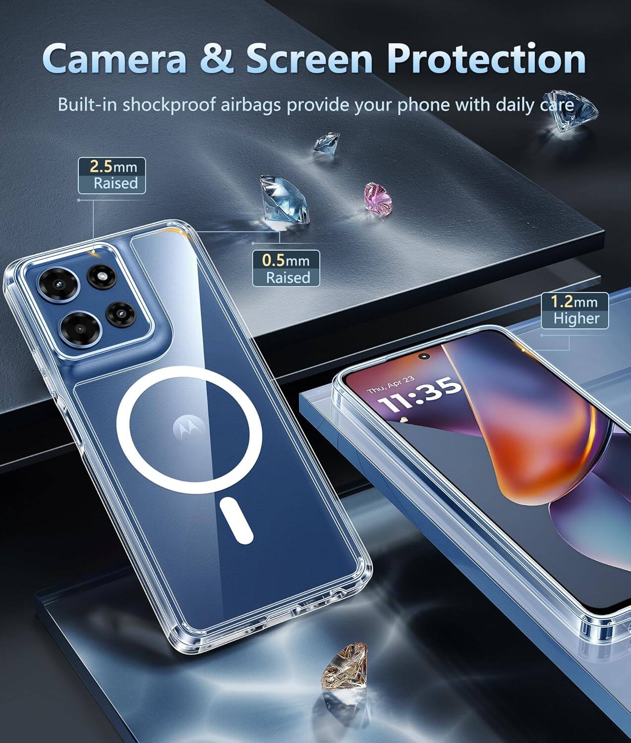 Camera & Screen Protection  
Built-in shockproof airbags provide your phone with daily care  

2.5mm Raised  
0.5mm Raised  
1.2mm Higher  

Thu, Apr 23  
11:35