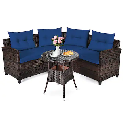 Front. Costway - 4PCS Outdoor Patio Rattan Furniture Set Cushioned Sofa Table - Dark Brown/Navy.