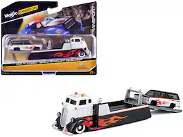 COE Flatbed White and Black w/Graphics and 1979 Chevrolet K5 Blazer Black and White with Graphics 1/64 Models by Maisto