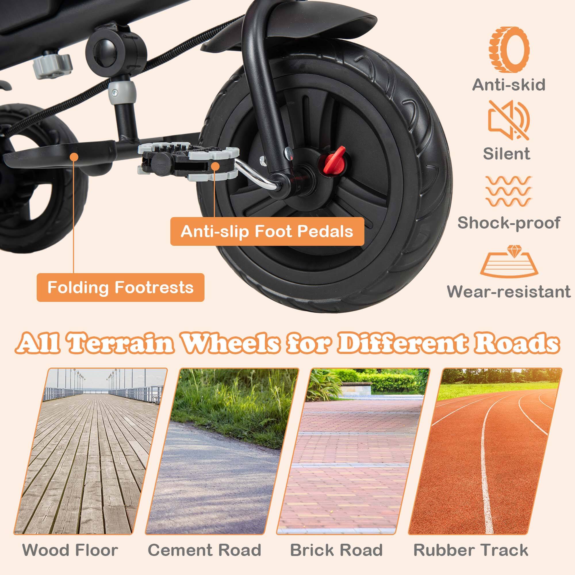 Anti-slip Foot Pedals  
Folding Footrests  

All Terrain Wheels for Different Roads  
Wood Floor  
Cement Road  
Brick Road  
Rubber Track  

Anti-skid  
Silent  
Shock-proof  
Wear-resistant