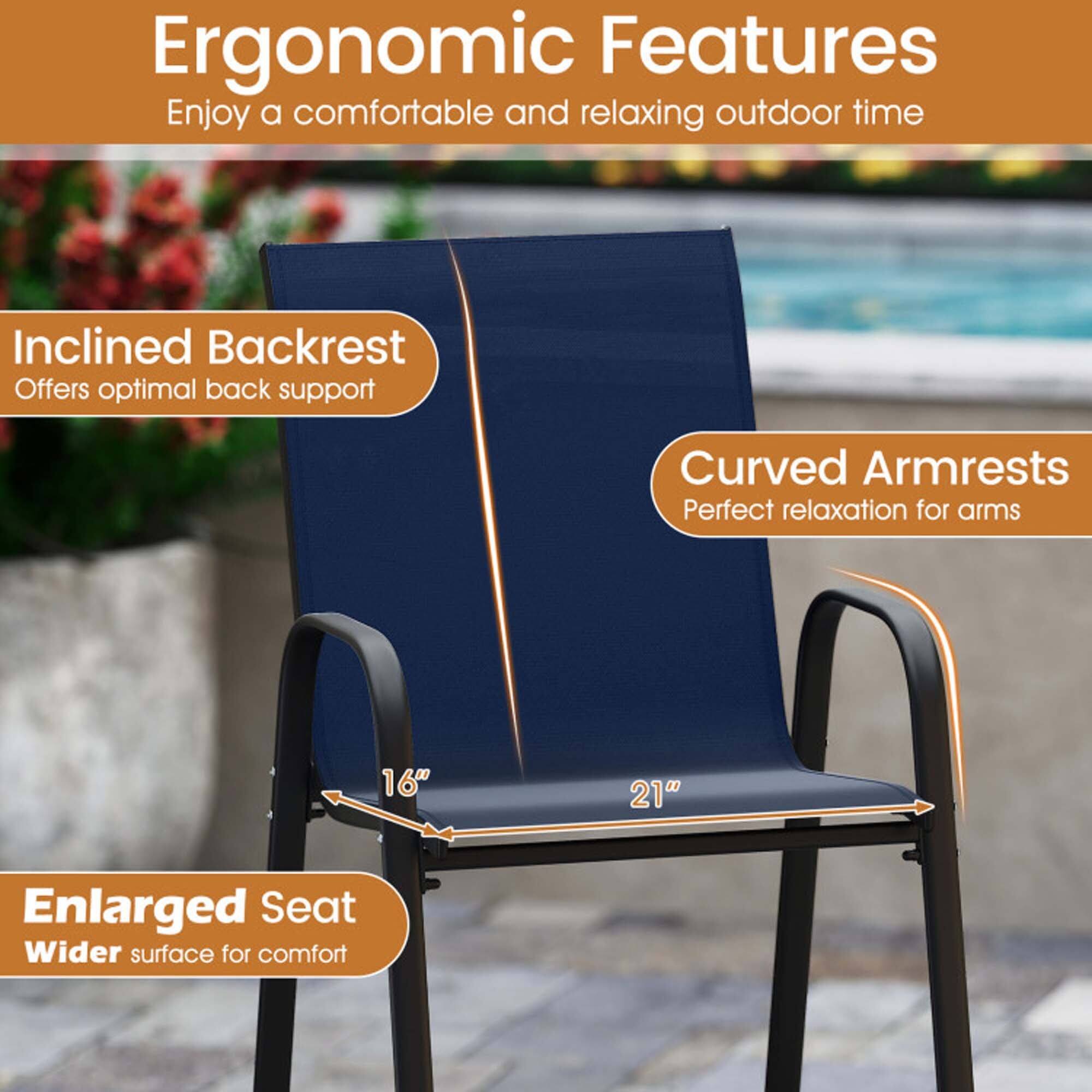 Ergonomic Features  
Enjoy a comfortable and relaxing outdoor time  

- Inclined Backrest  
  Offers optimal back support  

- Curved Armrests  
  Perfect relaxation for arms  

- Enlarged Seat  
  Wider surface for comfort  

16" 21"