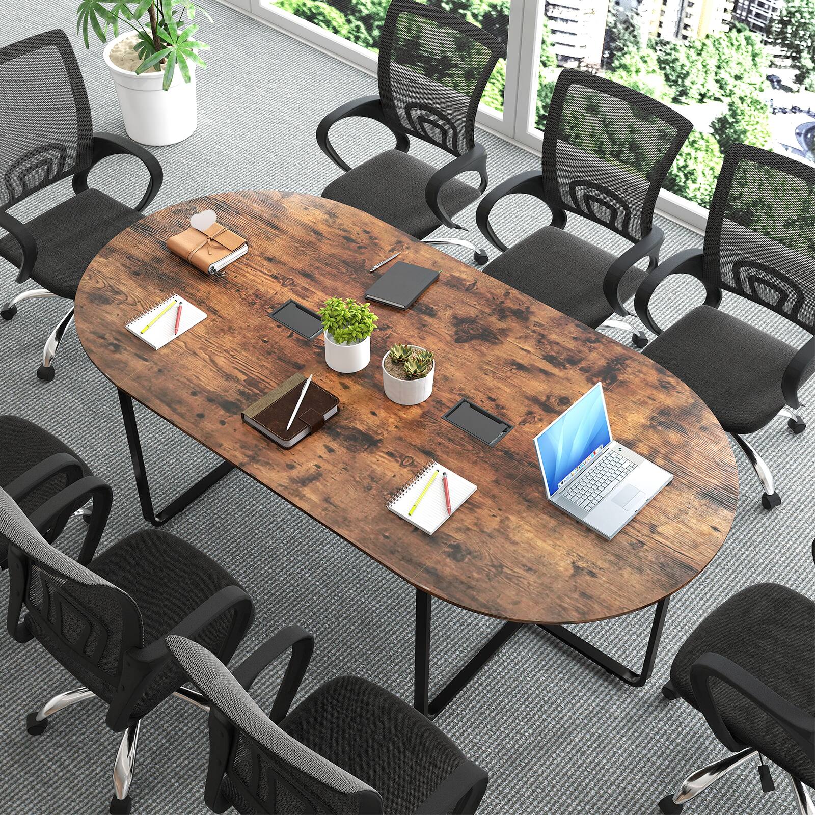 Angle. SlickBlue - Modern Oval Executive Table with Dual Cable Ports for Conference Rooms - Rustic Brown.