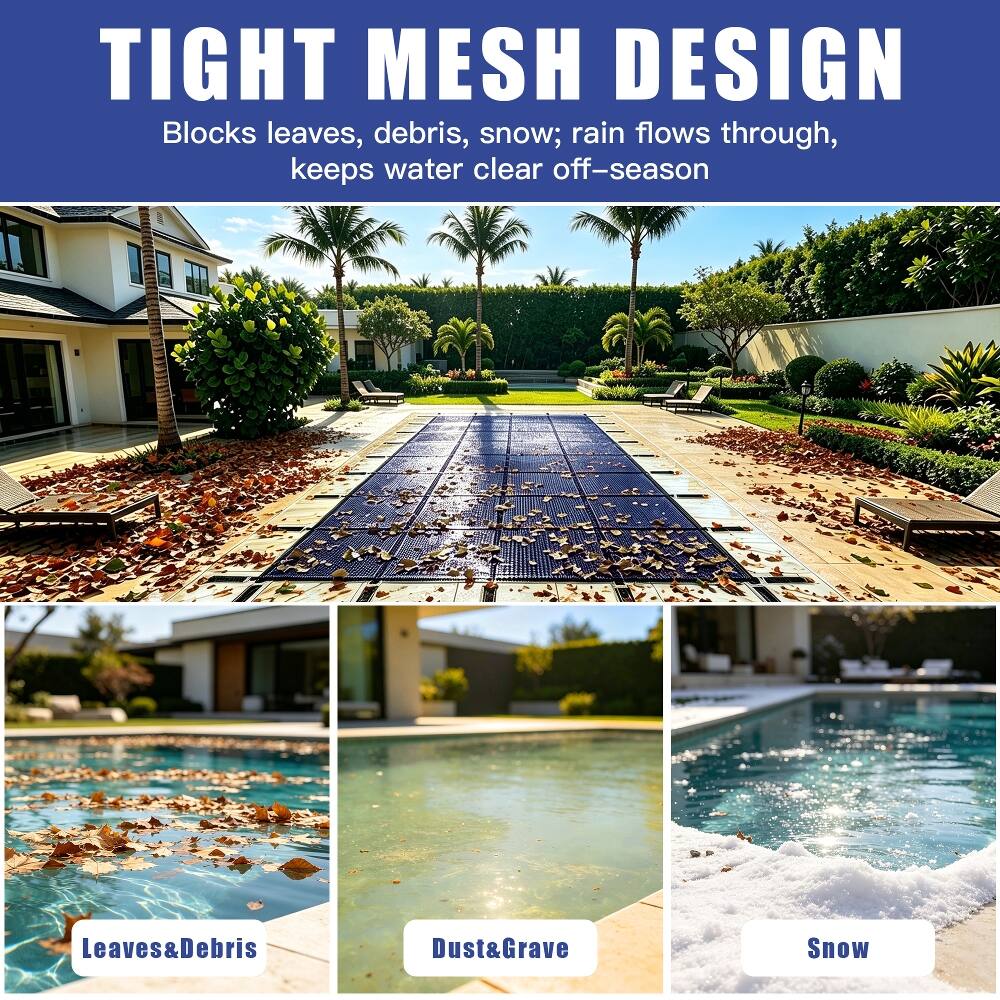 TIGHT MESH DESIGN  
Blocks leaves, debris, snow; rain flows through, keeps water clear off-season

Leaves&Debris  
Dust&Grave  
Snow