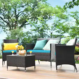 Gymax - 4PCS Patio Rattan Conversation Furniture Set Outdoor Cushioned - Turquoise
