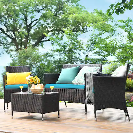Front. Gymax - Gymax 4PCS Patio Rattan Conversation Furniture Set Outdoor Turquoise Cushioned - Turquoise.