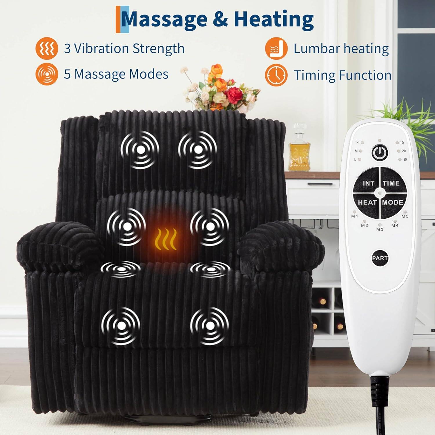 Massage & Heating

- 3 Vibration Strength
- 5 Massage Modes
- Lumbar heating
- Timing Function

INT TIME
HEAT MODE
M1 M2 M3 M4 M5

PART